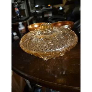 Vintage KIG Malaysia Pink Depression Footed Glass Lidded Candy Dish In Rose And